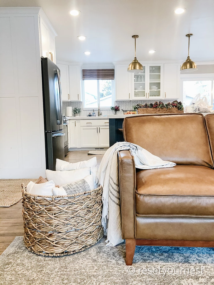 Reset Your Nest Jen Martin Family Living Room Simple Home Decor Styling Organization Pillow Blanket Basket